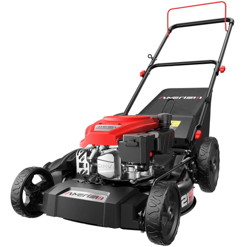 21 Inch Gas Push Lawn Mower With Mulching Bagging And Side Discharge 144cc 4 Stroke OHV Engine displayed on white background