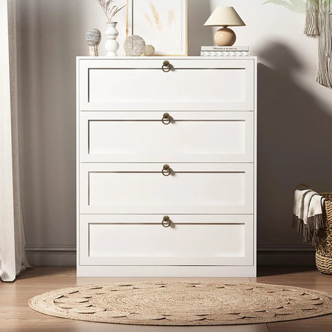 White dresser with Solid Brass Cabinet Ring Pulls Six Pack Antique Circle Drawer Pulls and decor on top in a cozy room setting.