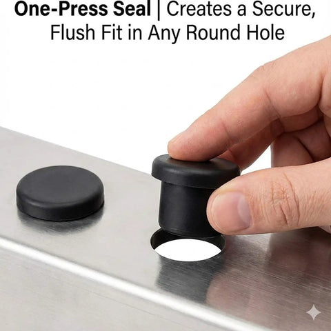 Inserting T type stopper from 150 Piece Solid Silicone Hole Plugs Set For Powder Coating And Lab Use into round hole on metal surface