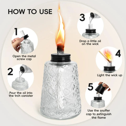 Three Pack Glass Tabletop Torches For Outdoor Vibes With Citronella Oil Fuel Canisters Wicks And Caps Refillable Glass Lanterns