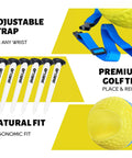Forearm Connection Golf Swing Trainer with adjustable lanyard, 6-piece tee set, soft memory foam in blue yellow for practice