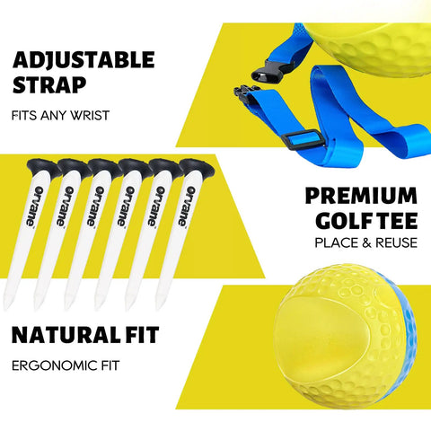 Forearm Connection Golf Swing Trainer with adjustable lanyard, 6-piece tee set, soft memory foam in blue yellow for practice