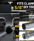 Heavy Duty Bead Roller Tool For Tube And Pipe Beading, shown clamped with before and after beading results on aluminum tubing