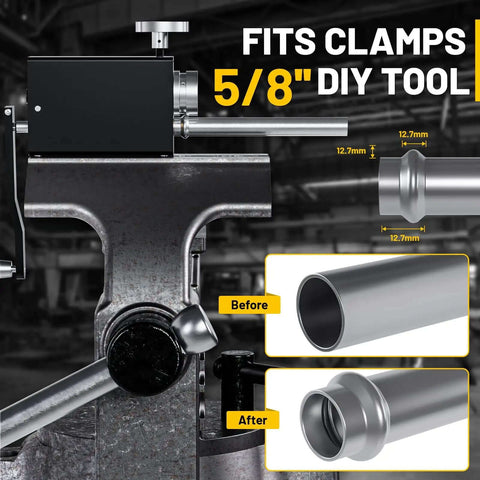 Heavy Duty Bead Roller Tool For Tube And Pipe Beading, shown clamped with before and after beading results on aluminum tubing
