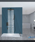 Matte Black 12 Inch Rainfall Shower System With Shower Head Handheld Sprayer Tub Filler And Wall Mount Mixer Valve All Metal Brass Construction Luxury Rough In Kit Included in a modern bathroom.