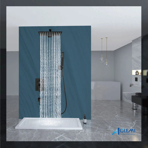 Matte Black 12 Inch Rainfall Shower System With Shower Head Handheld Sprayer Tub Filler And Wall Mount Mixer Valve All Metal Brass Construction Luxury Rough In Kit Included in a modern bathroom.