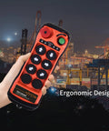 Heavy Duty Q600 Industrial Wireless Crane Remote Control Kit held in hand, featuring six buttons and ergonomic design for ease of use.