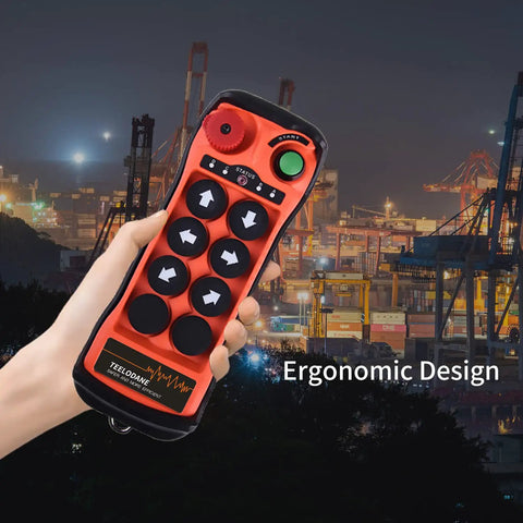 Heavy Duty Q600 Industrial Wireless Crane Remote Control Kit held in hand, featuring six buttons and ergonomic design for ease of use.