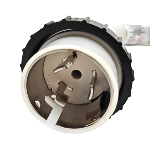 Close-up of 4 prong Ss2-50 locking plug for Rock Solid Heavy Duty Marine Shore Power Extension Cord, 50 Amp 100 Foot.