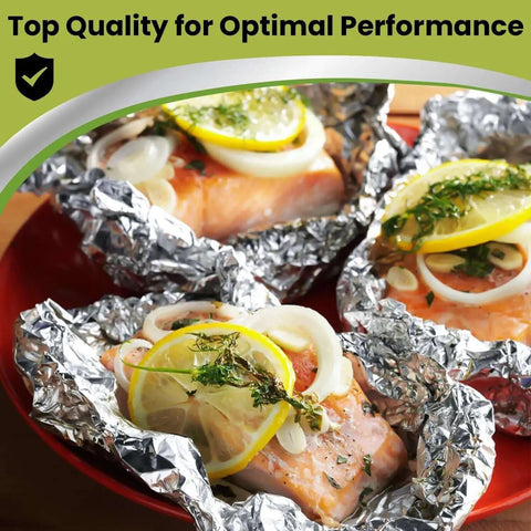 Salmon with lemon and herbs wrapped in Pro Grade Aluminum Foil Sheets 12x10.75 Pop Up Box Dispenser Heavy Duty Ultra Durable Food Wrap