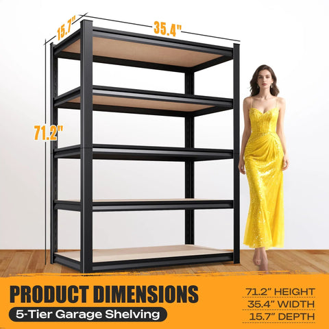 Heavy Duty Garage Shelving Unit With 2050 Lb Capacity, Industrial Grade Steel, Metal Adjustable Storage Rack For Basement Pantry Kitchen And Warehouse, 71 Inch Tall Black, 5-tier dimensions
