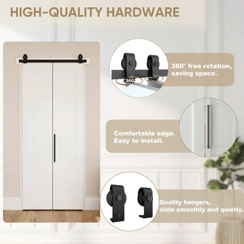 Slick 36 By 84 Inch Bi Fold Sliding Barn Door With Top Shelf Hardware Kit And Smooth Glide Track, showing high-quality rollers and handle.