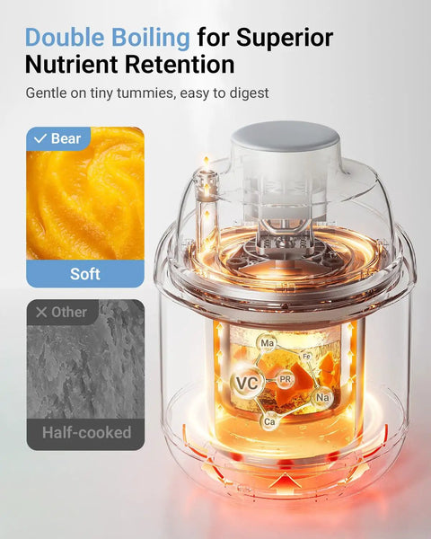 All-In-One Baby Food Maker Steamer And Blender showing double boiling for nutrient retention with bear soft setting