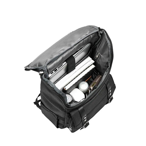 Vintage Laptop Backpack With USB Charging Port For Men And Women showing open top with visible laptop sleeve and organized compartments