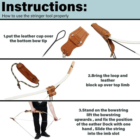 Instruction steps using Recurve Bow Stringer Tool For Easy Stringing No Fuss Quick String Install Longbow Stringer