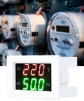 Zero Fuss Dual Led Ac Voltmeter And Ammeter Combo reading 220 Volts and 50 Hz on a white display, great for DIY setups.