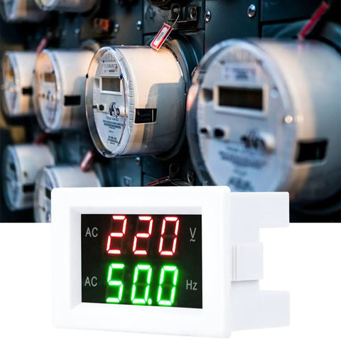 Zero Fuss Dual Led Ac Voltmeter And Ammeter Combo reading 220 Volts and 50 Hz on a white display, great for DIY setups.