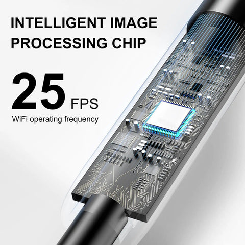 Close-up of intelligent image processing chip in 1920P HD Dual Lens Endoscope Camera With SemiRigid Snake Cable IP67 Waterproof 8 LED Lights Dimmable For Smartphone Inspection Pro Grade Industrial Pipeline Probe With 16.4ft Cable Front And Side 360 Degree View, showing circuit board features and 25 FPS WiFi frequency text.