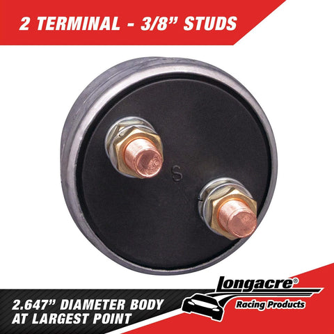 Longacre 45760 battery disconnect switch with panel, black round body, two 3/8 in copper studs