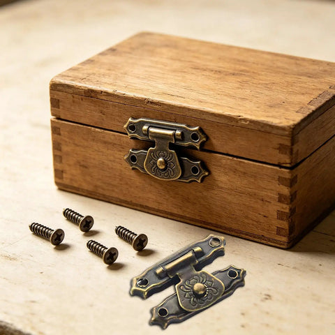 Heavy Duty Metal Jewelry Box Latch Clasp With Retro Floral Duckbilled Toggle Hasps Perfect For Wooden Cabinet Furniture Repair Restoration And Upgrades That Stick Tight And Look Super Cool. Antique iron jewelry box latch on wooden chest, with screws