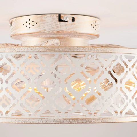 20" Low Profile Flush Mount Ceiling Fan with Remote, Vintage White Floral Caged Ceiling Fan Light showing intricate metal design.