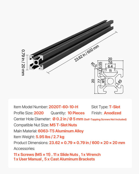 Diagram of Beefy 10 Pack 23.62 Inch Aluminum Extrusion Profile With T Slot European Standard Anodized Linear Rail