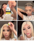 Woman applying Waterproof Lace Front Wig Glue For A Strong Clear Bond That Delivers Invisible Hold On Hair Replacement For A Natural Look Water Based Adhesive 1.28 Fl Oz in stages, showcases secure application and clear bond.