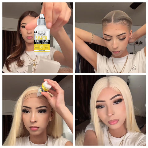 Woman applying Waterproof Lace Front Wig Glue For A Strong Clear Bond That Delivers Invisible Hold On Hair Replacement For A Natural Look Water Based Adhesive 1.28 Fl Oz in stages, showcases secure application and clear bond.