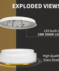 Exploded view of 12 Inch Modern LED Flush Mount Ceiling Light With Frosted Glass Shade In Brass Finish 3000K Warm White Dimmable 18W