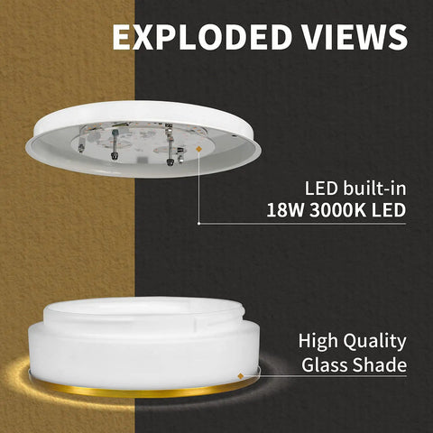 Exploded view of 12 Inch Modern LED Flush Mount Ceiling Light With Frosted Glass Shade In Brass Finish 3000K Warm White Dimmable 18W