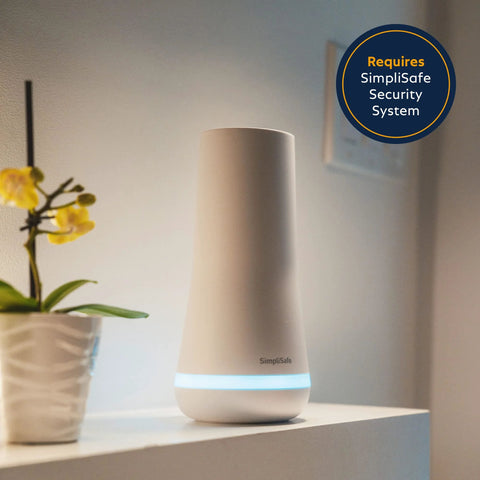 SimpliSafe temperature sensor, tall white cylindrical device with blue glow at base, logo visible.