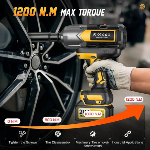 Badass Cordless Impact Wrench Cracks 1200 Nm Legit Torque 1/2 Inch with glove grip for tire disassembly and industrial tasks.