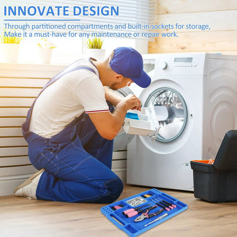Blue Silicone Tool Tray For Auto Repairs Flexible Magnetic Tool Holder With Small Parts Tray near technician and washing machine