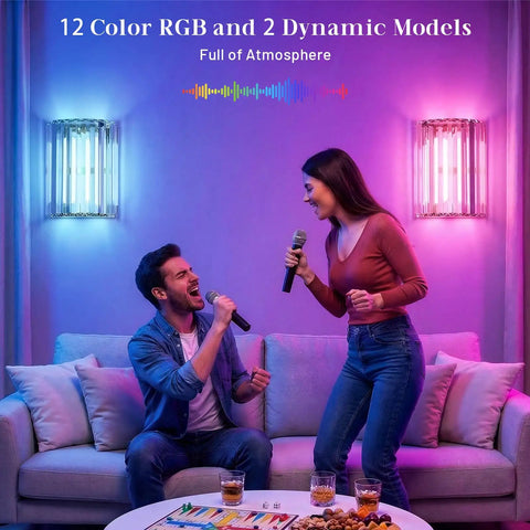 Set Of Two Gold Crystal Wireless Wall Sconces With Smooth Remote Control Rechargeable Cordless Lighting Featuring 12 RGB Colors And 3 CCT White Adjustable Dimming Options For Bedroom Living Room Total Glow Up No Sweat Install with ambient lighting in a lively setting.