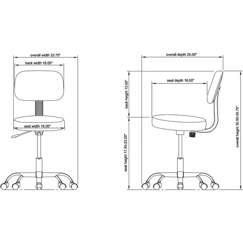 Technical diagram of Pneumatic Height Stool With Backrest For Office Use, 24 x 24 x 36 Inch Black showing dimensions and swivel base.