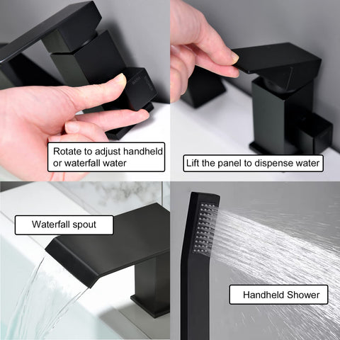 Roman Tub Faucet Deck Mount Waterfall Tub Faucet Matte Black With Hand Shower Sprayer Three Hole Set and operation features