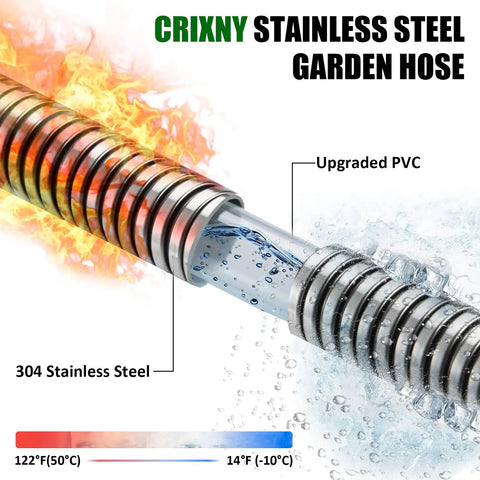 Cutaway view of a Stainless Steel Garden Hose 50 Ft Heavy Duty With 10 Function Nozzle No Kink Metal Water Hose showing 304 stainless steel and PVC layers.