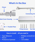 Diagram showing parts of Ultra Heavy Duty Hydraulic Door Closer For High Traffic Areas with screws and connecting arm.