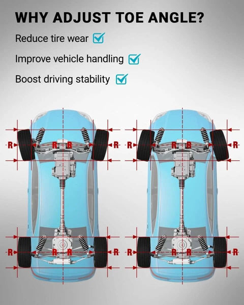 Diagram showing benefits of toe angle adjustment: reduce tire wear, improve vehicle handling, boost driving stability.