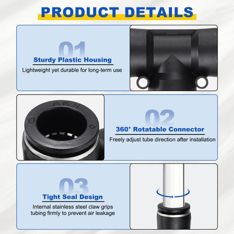 10 Pack 3 Way Push To Connect Pneumatic Fittings Tee For Tube To Tube Connections Black Plastic Quick Lock features