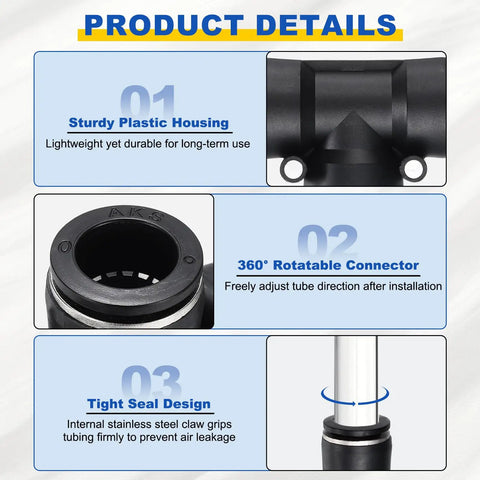 3-Way Push-To-Connect Tee Fittings 6mm Tube OD Plastic Pneumatic Connector Kit Black 10 Pack shown with product details