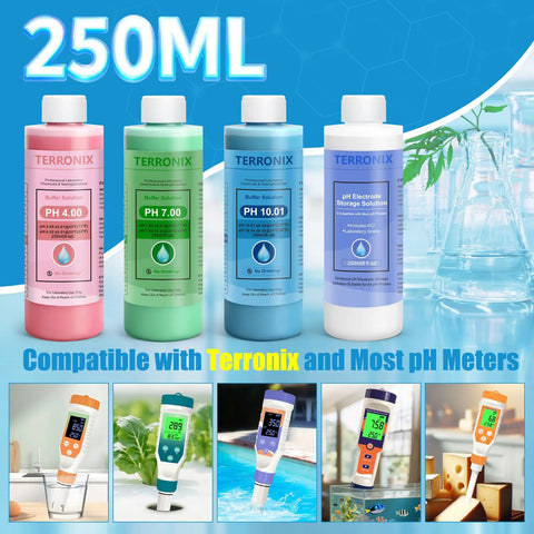 Four 250ml bottles of pH Calibration Kit With 4 Bottle Buffers 4.00 7.00 10.01, 250ml Bottles, Electrode Storage Tank in lab.
