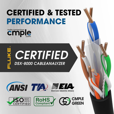 Fluke certified Cat6 Ethernet Cable 1000ft bulk LAN wire 23AWG UTP CMR riser, ISO and RoHS compliant for high-performance networks.