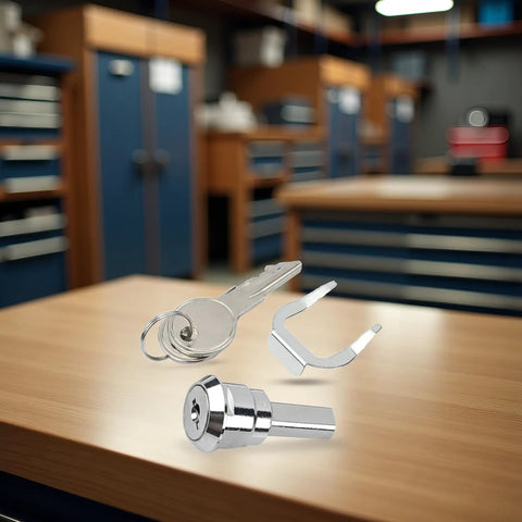 Sturdy Stainless Toolbox Lock And Cabinet Drawer Lock Set With 180 Degree Rotation Unlocking Built Tough Universal Design shown with keys and tab