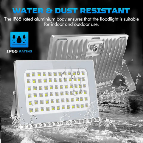 10 Pack 500W LED Flood Lights Slam Out 40000 Lumens Daylight White IP67 Weather Resistant Outdoor Security Work Lights on water surface.