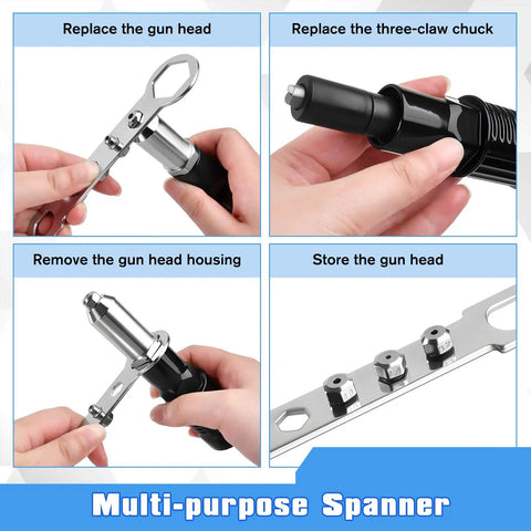 Pro Rivet Gun Adapter Kit for Cordless Drills showing four jaw heads and handle grip usage steps in image collage.
