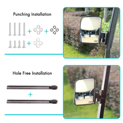 Universal Folding Golf Cart Side Mirrors With No Drill Install Roof Bracket For Yamaha Club Car EZGO shown with installation options
