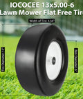 Twofer 13x5.00-6 Flat Free Lawn Mower Tires With Bearings 3/4 Inch 1/2 Inch And 5/8 Inch Replacement Wheels For Lawn Tractors And Push Mowers, Smooth Rolling, Durable Turf Tires. black flat-free 13x5.00-6 lawn mower tire with white rim and bearing