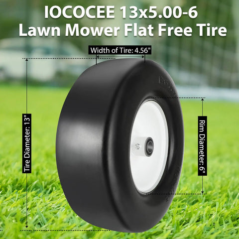 Twofer 13x5.00-6 Flat Free Lawn Mower Tires With Bearings 3/4 Inch 1/2 Inch And 5/8 Inch Replacement Wheels For Lawn Tractors And Push Mowers, Smooth Rolling, Durable Turf Tires. black flat-free 13x5.00-6 lawn mower tire with white rim and bearing