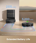 Two black units of Beast Mode Robot Vacuum With 13000Pa Suction, Self Emptying Dust Bin, showing extended battery life and path.